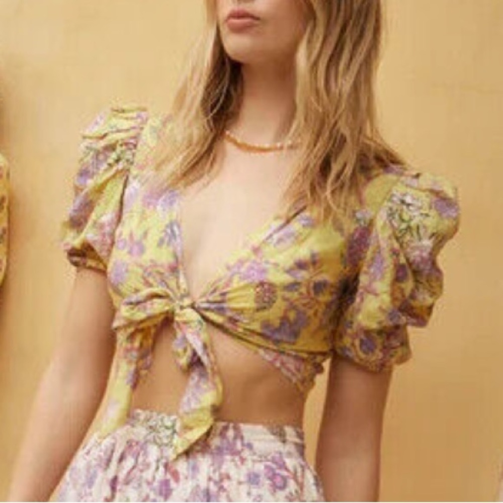 NWT HEMANT & NANDITA dhea Floral canary Yellow puff sleeve crop wrap top size XL